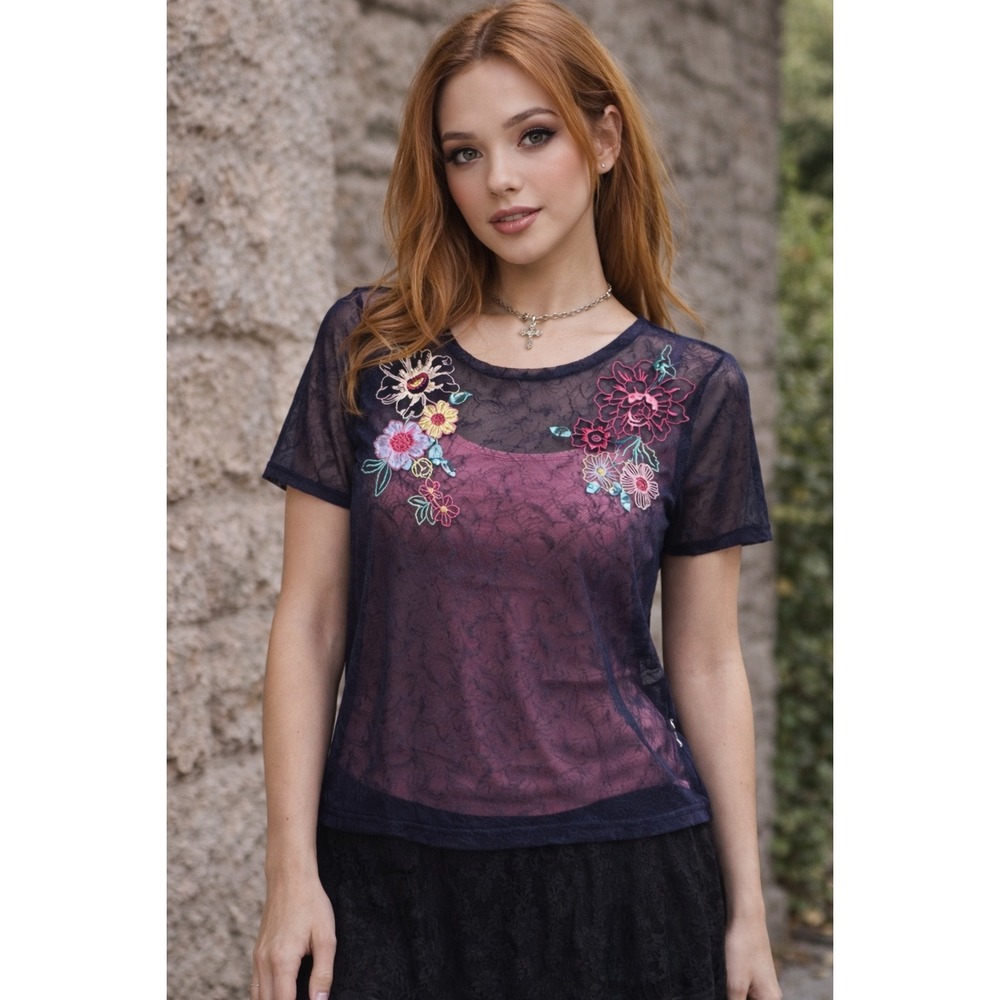 Sheer Mesh Floral Embroidered Top‎ Womens M Blue Fairy Grunge Y2K Romantic
